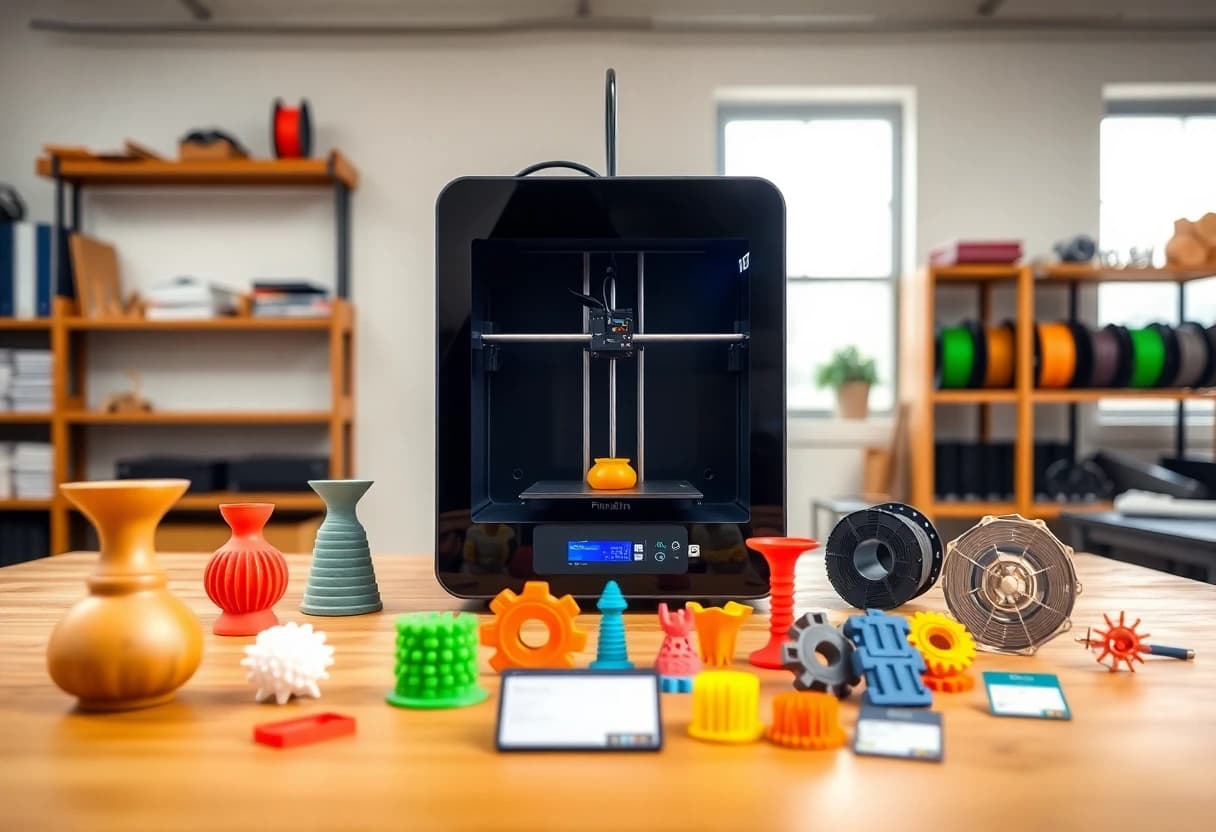 3D-Drucker auf einer Werkbank, umgeben von bunten gedruckten Bauteilen und Filamentspulen