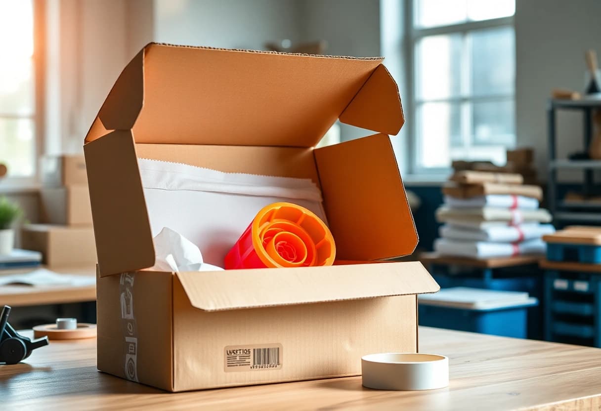 Geöffnetes Versandpaket mit einem sorgfältig verpackten 3D-gedruckten Bauteil